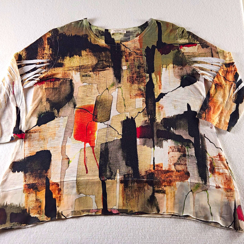 Jess & Jane Womens Tunic Top XL Multicolor Abstract Art 3/4 Sleeve Round Neck